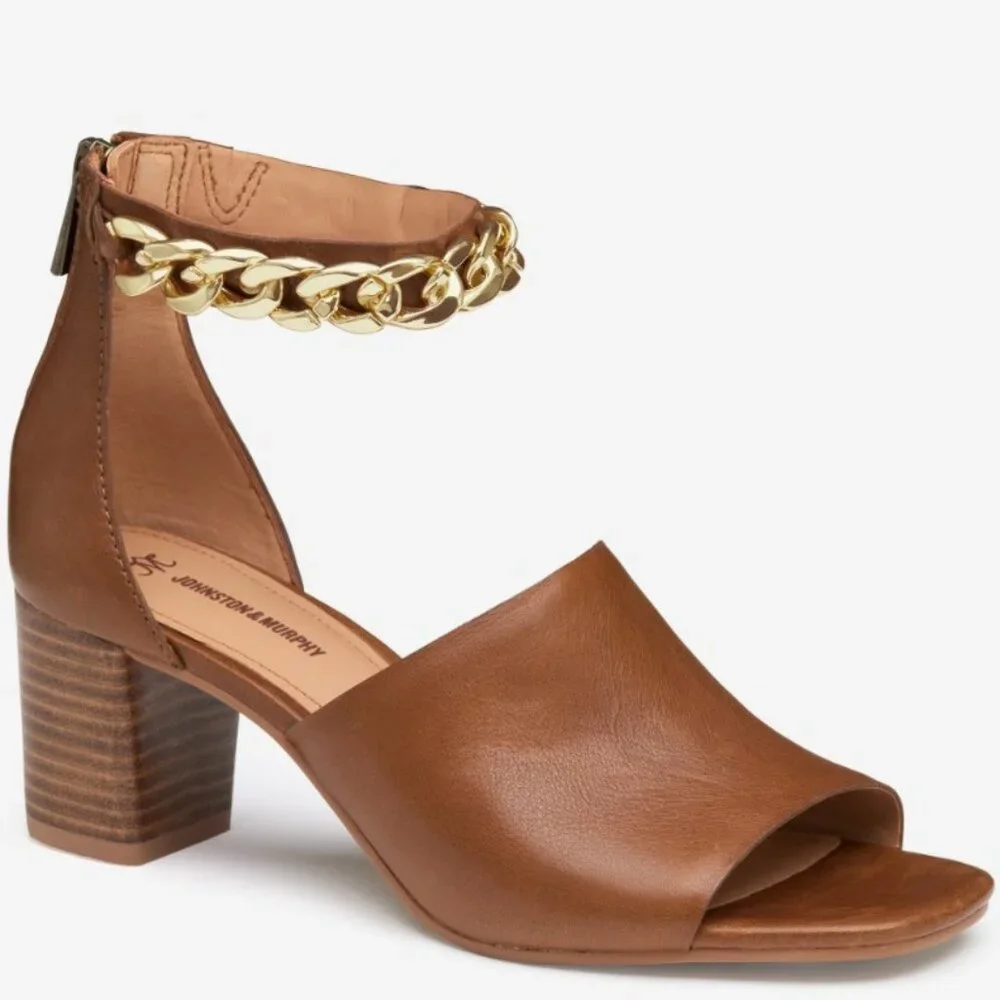 Johnston & Murphy Sandals Womens 9M Cognac Calfskin Evelyn Chain‎ Heeled Sandal